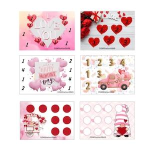 May include: Five printable Valentine's Day bingo cards with different designs. The cards feature hearts, a truck, a gnome, and the words "I Love You" and "Happy Valentine's Day".