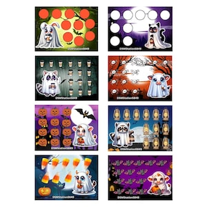 May include: A collection of Halloween-themed digital art prints. Each print features a cute animal character in a ghost costume, surrounded by Halloween elements like pumpkins, bats, and candy corn. The prints have a cartoon style.