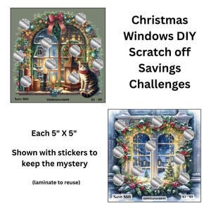 Puede incluir: Desafíos de ahorro navideños para rascar. Cada desafío mide 12,7 cm x 12,7 cm y presenta una escena de ventana invernal con un gato, velas y una corona festiva. El texto dice "Christmas Windows DIY Scratch off Savings Challenges".
