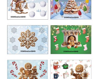May include: Five different images featuring gingerbread men and women in various Christmas scenes. The first image shows a gingerbread man skiing down a snowy hill. The second image shows a gingerbread tree decorated with lights and ornaments. The third image shows a gingerbread snowflake. The fourth image shows a gingerbread man sitting by a fireplace. The fifth image shows a gingerbread family standing together with candy canes.