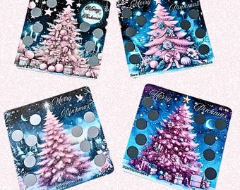 May include: Four Christmas-themed scratch-off cards with a pink and blue color scheme. Each card features a stylized Christmas tree with ornaments and presents. The text on the cards reads "Merry Pinkmas" and "Save $75", "Save $100", "Save $50", and "Save $35".