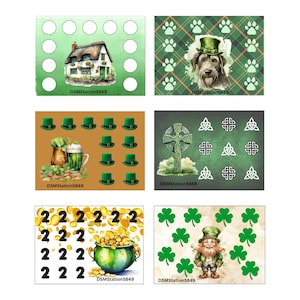 Könnte beinhalten: Ein Satz von 10 druckbaren St. Patrick's Day Bingo-Karten mit Bildern von Kleeblättern, Kobolden, einem Topf voller Gold, einem Bierkrug, einem keltischen Kreuz, einem Hund mit grünem Hut und einem traditionellen irischen Pub. Jede Karte hat einen einzigartigen Satz von Bildern. DSMStation5849 ist auf jeder Karte gedruckt.