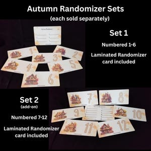 May include: Autumn Randomizer Sets with cards numbered 1-12. Each card features a fall-themed illustration of a house with autumn leaves. Set 1 includes cards numbered 1-6, and Set 2 includes cards numbered 7-12. Laminated randomizer cards are included.