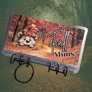 May include: A clear plastic binder with black metal rings featuring a printed insert of a hedgehog under a maple leaf in an autumn forest. The text Fall Minis is printed in black script and block lettering on the right side of the cover.