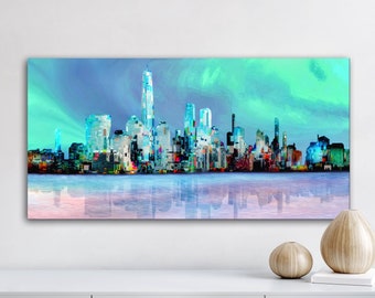 Aurora Sky Abstract Panoramica Manhattan Skyline Metal Wall Art, New York City Grande decorazione da parete moderna, consegna gratuita nel Regno Unito, Europa