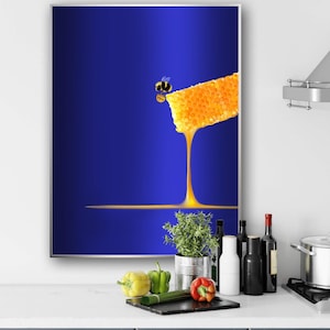 Bumble Bee on Honeycomb, Indigo Minimalistic Modern Wall Art Print, Stretched Canvas, Rolled Canvas, Free Delivery USA