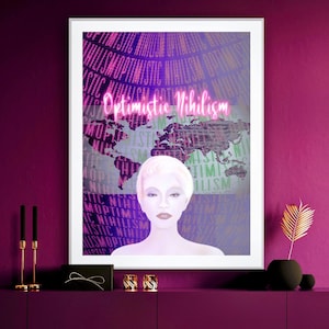 Nihilisme optimiste, portrait de femme expressionniste, toile typographie magenta néon, impressions d'art, livraison gratuite aux États-Unis