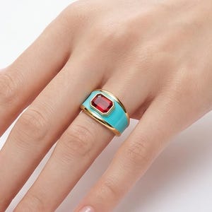 Chunky Lab Ruby Enamel Engagement Cocktail Ring / Handmade Red Gemstone Signet Emerald Cut Gemstone Ring Gift for Her / Heavy Gold Ring