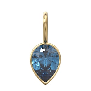 London Blue Topaz 14k Yellow Solid Gold Charm Pendant Bezel Jewelry Finding / December Birthstone / 7mm Blue Gemstone / Pear Cut Jewelry