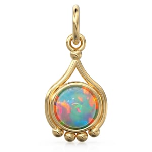 Minimalist Ethiopian Opal Italian Gold Charm Pendant - Solid Gold Drop Design / October Birthstone / Round Gemstone Jewelry / Gift for her
