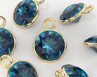 2pc 14k Solid Yellow Gold 4,5,6mm Natural London Blue Topaz Charm Pendant