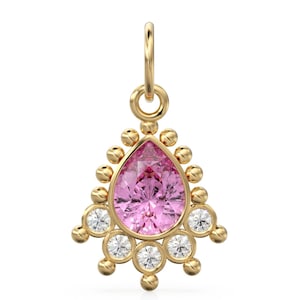 Pink Tourmaline Diamond Charm in Solid Gold / Pear Cut Gemstone Pendant / Elegant Semi Halo Birthstone Jewelry / October Gift Idea
