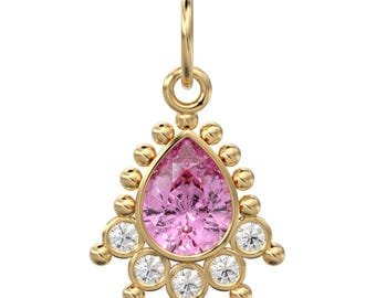Rosa turmalindiamantberlock i massivt guld / Päronslipad ädelstenshänge / Elegant halvhalo-födelsestensmycke / Presentidé för oktober