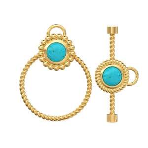 Turquoise 18k Solid Clasp Yellow Gold Circle Twisted Wire Toggle Clasp Finding With Diamond / Sleeping Beauty Turquoise Bezel Christmas Gift