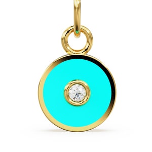 Turquoise emaille schijf diamant massief gouden bedel / emaille gouden bedel / cirkel diamant bedel / echte diamanten sieraden / diamanten gouden kettingSALE