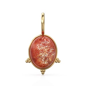 Sunstone 18k Charm, 14K Solid Gold Charm, Natural Orange Cabochon Gemstone Oval Charm Necklace, December Birthstone Gold Charm Pendant