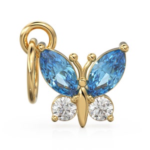 Blue Topaz Butterfly Diamond 14k 18k Solid Gold Charm Pendant, Butterfly Charm, Gold Charm, Insect Solid Gold Pendant, Nature Gold Charm