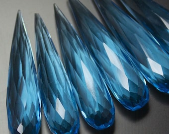 Swiss Blue Topaz Quartz Faceted Tear Drop Briolette Gemstone Beads 3 Matched Pair 30x7mm