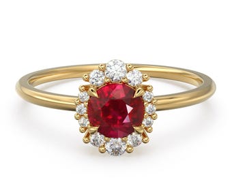 Lab Ruby Halo Ring - Lab Diamond Accent Band - Prong Halo July Birthstone Anniversary Prong Set Solid Gold Gift