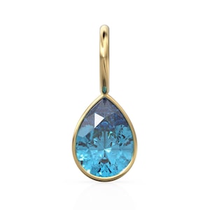 Swiss Blue Topaz 7mm 14k Yellow Solid Gold Charm Pendant Bezel Jewelry Finding / December Birthstone / Blue Gemstone / Pear Cut Amulet