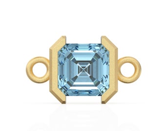 14k Solid Gold Aquamarine Emerald Square Cut Connector / Matte Finish Gemstone Station / March Birthstone Bezel Charm Bracelet Spacer