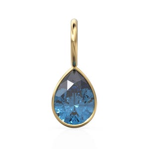 London Blue Topaz 7mm 14k Yellow Solid Gold Charm Pendant Bezel Jewelry Finding / December Birthstone / Blue Gemstone / Pear Cut Amulet