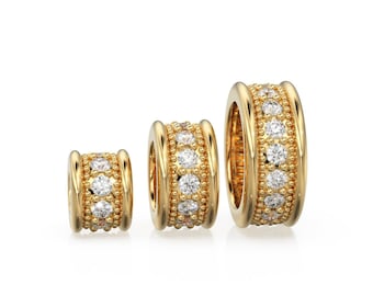 Diamond Eternity 18k Solid Yellow Gold Rondelle Wheel Bead Finding Spacer / Gold Rondelle Bead / Diamond Rondelle Finding