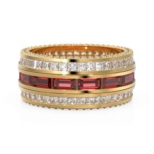 Three- Stack Ruby Baguette Channel Ring - Lab Ruby and Lab Diamond Accent - Channel Set Stackable July Birthstone Pave Solid Gold Gift