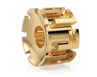 May include: A gold-coloured metal bead with a geometric design. The bead has a hole in the centre for threading.