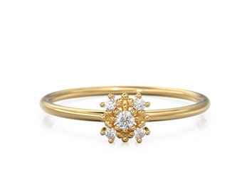 14k Gold Diamond Wedding Ring / Floral Gold Ring with Diamonds / Cluster Diamond Ring / Flower Solid Gold Ring