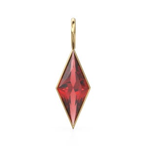 May include: A gold pendant featuring a faceted, diamond-shaped, red gemstone. The gemstone is set within a gold frame and hangs from a small gold loop. The pendant is displayed against a white background.