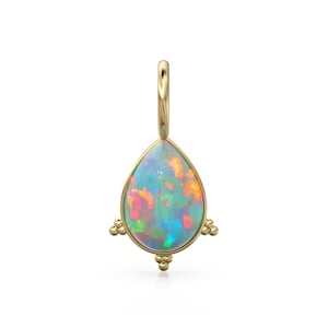 Ethiopian Opal Gemstone 18K Solid Gold Charm Pendant, 18K Fire Opal Charm, Dainty Delicate Handmade Charm Pendant, October Birthstone