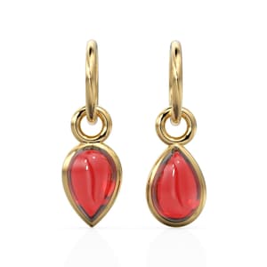 May include: A pair of gold hoop earrings with a dangling red teardrop-shaped gemstone.