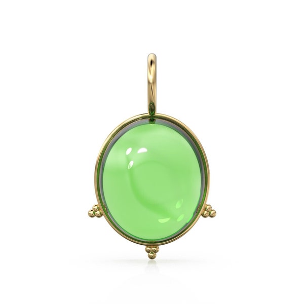 Peridot 18k Charm, 14K Solid Gold Charm, Natural Green Olivine Gemstone Oval Charm Necklace, Cabochon Birthstone Charm, Gold Charm Pendant