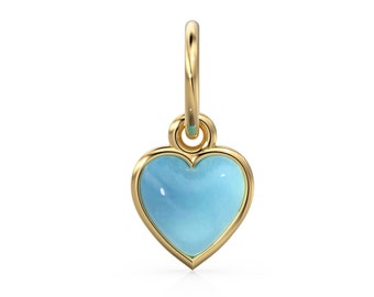 Aqua Chalcedony Heart Cabochon Solid Gold Charm / Natural Blue Gemstone Handmade Gold Pendant / 14k Solid Yellow Gold Jewelry Making Finding