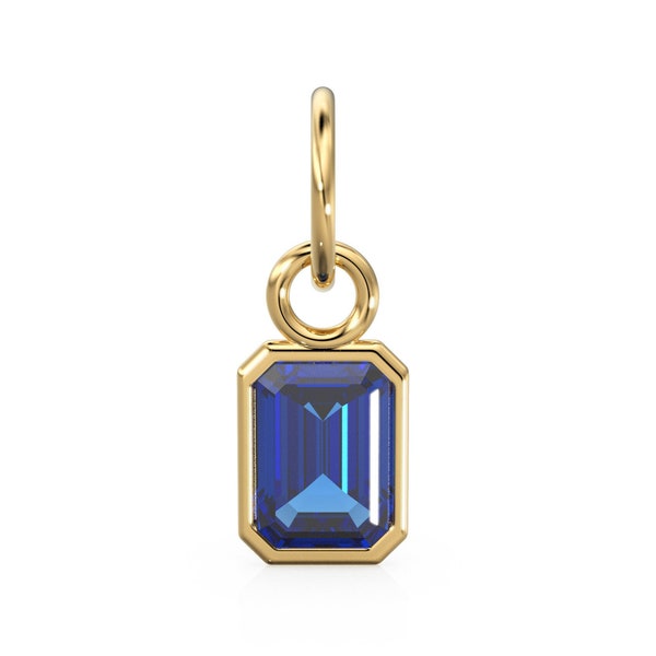 Blue Sapphire Emerald Cut Solid Gold Charm / Blue Gemstone Handmade Gold Pendant / 14k Solid Yellow Gold September Jewelry Making Findings