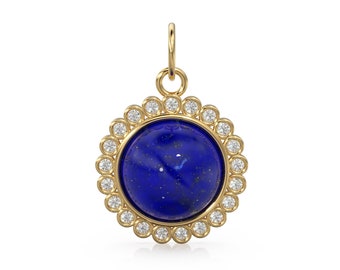 26mm 14K Solid Yellow Gold Diamond Blue Lapis Lazuli Round Coin Shape Charm Necklace Pendant