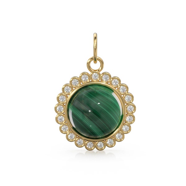 26 mm or jaune massif 14 carats diamant vert malachite rond pendentif collier à breloques en forme de pièce de monnaie