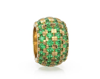 14K Large Solid Italian Gold Emerald Rondels, Charm Roundel, Emerald, Enhancer Charm, Pave set Emerald, Texture Rondelle spacer charms