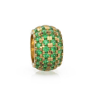 14K Large Solid Italian Gold Emerald Rondels, Charm Roundel, Emerald, Enhancer Charm, Pave set Emerald, Texture Rondelle spacer charms