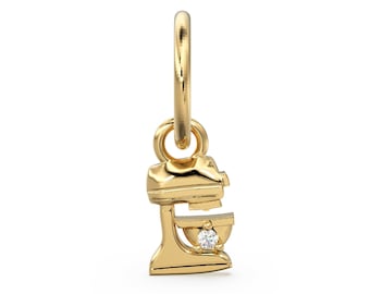 Tiny Solid Gold Dough Mixer Charm / 14k 18k Solid Gold Bakery Pendant / Diamond Bakery Jewelry / Chef Pastry Charm Jewelry / Handmade Gold