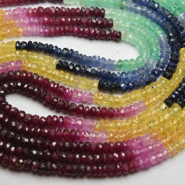 Natural Multi Precious Faceted Rondelles. Emerald Ruby, Size 3-4mm Approx half strand Blue Sapphire Yellow Sapphire,