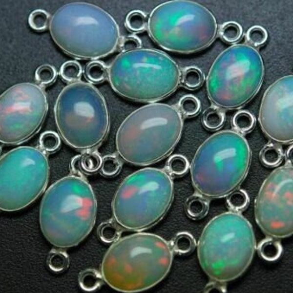 Ethiopian Welo Opal Oval Pendant 925 Sterling Silver Connector 2pc 12mm