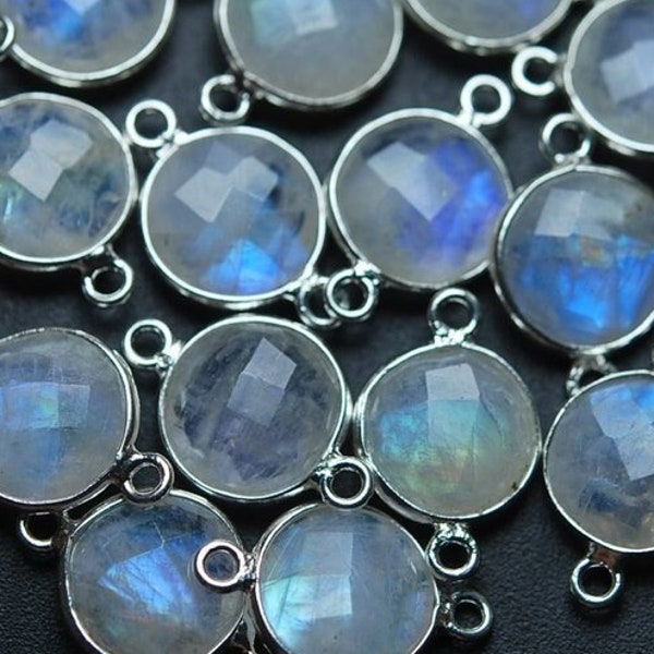 925 Sterling Silver, Rainbow Moonstone Faceted Coins Shape Connectors, 10 Pieces Of 15mm Approx