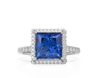Princess Lab-Grown Blue Sapphire Spiral Pave Wrap Square Halo Engagement Ring with Pave Shoulders Ring - Solid Gold Engagement Ring
