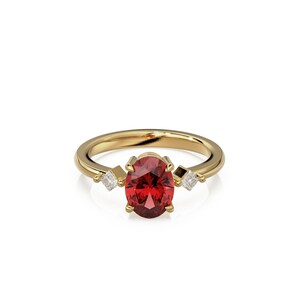 Lab Ruby Oval Flanking Princess Accents Engagement Ring, Four-Prong Head, Open Two-bar Gallery, Solid Gold