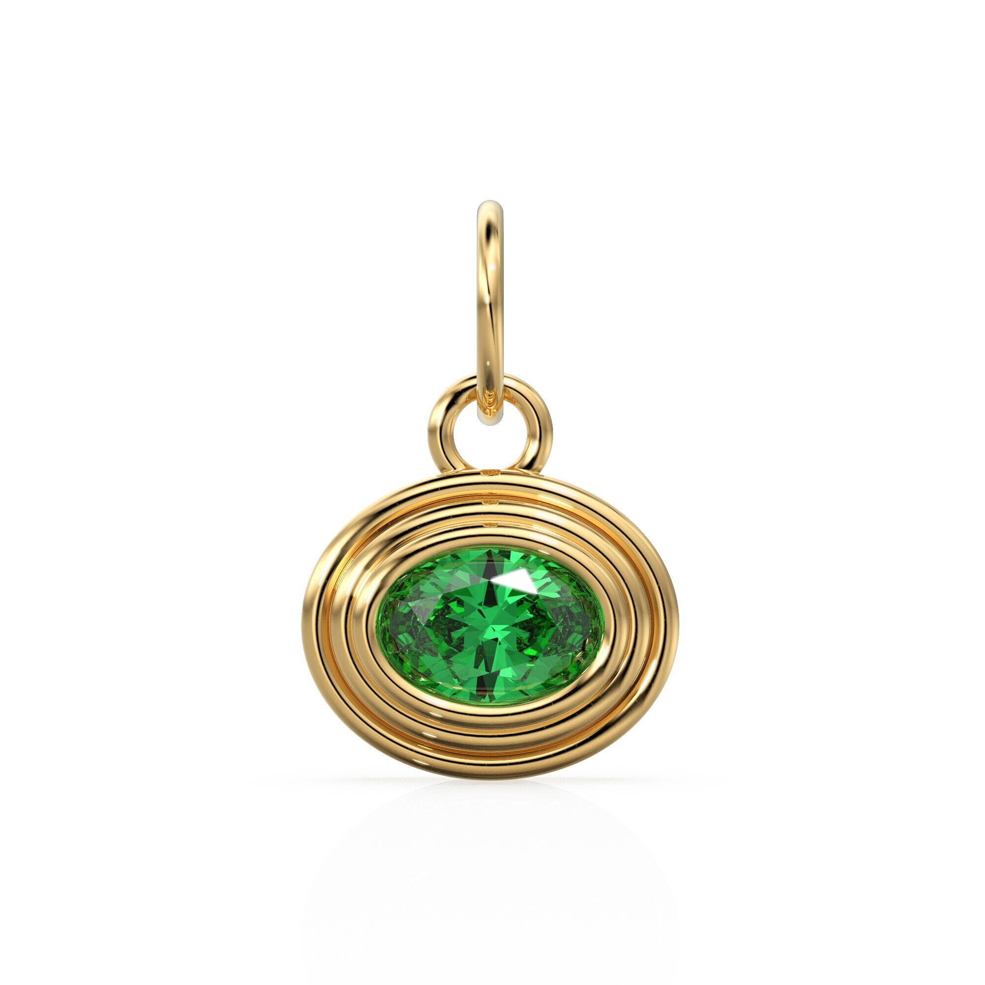 AAA Green Emerald Charms 14k Yellow Solid Gold Bubble Bezel Charm Pendant Green Oval Gemstone Bezel 18K Gold Jewelry Finding St Patricks Day