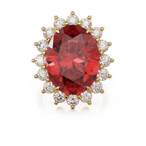 Lab Ruby Oval Split Shank Engagement Ring, Single-row Halo, Four-claw Head, Round Diamond Accents, Open Gallery, Solid Gold