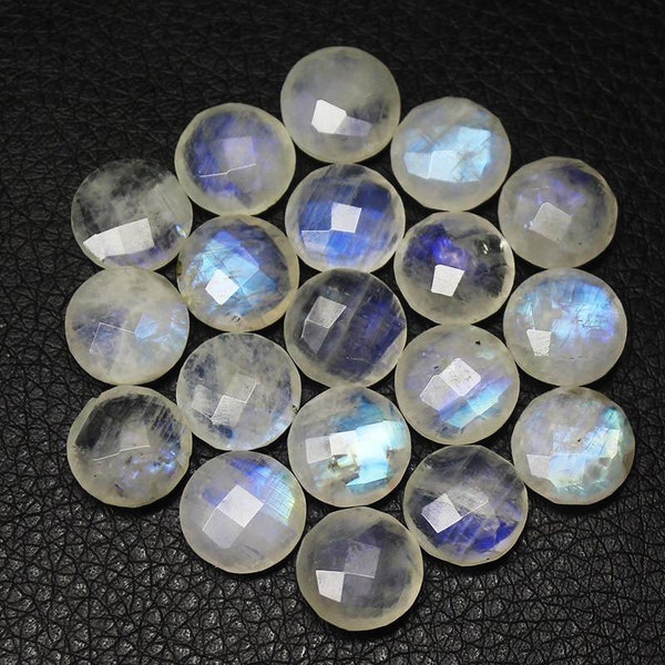 2 matching pair Natural Rainbow Moonstone Faceted Round Coin Loose Gemstone Size 12mm