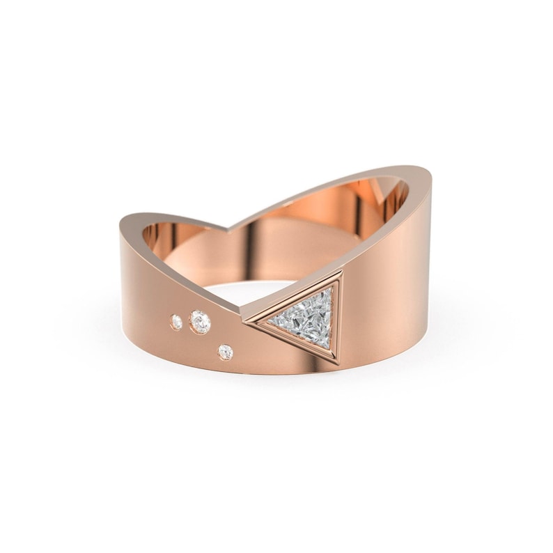 Triangle Lab Diamond Wedding Ring, Modern Gold Band, Wide Trillion ...